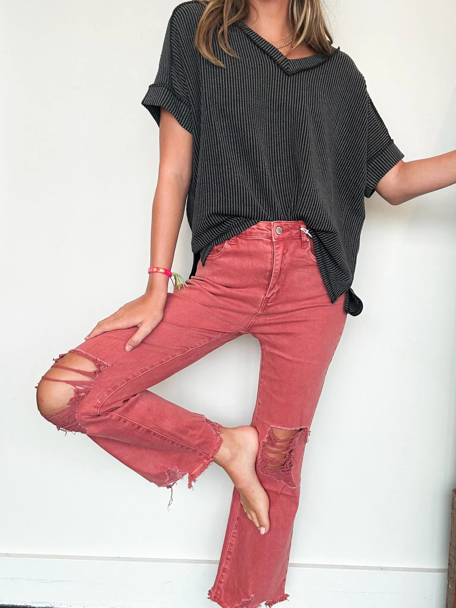 Distressed Hem Stretch Fit Denim- Red