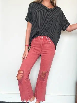 Distressed Hem Stretch Fit Denim- Red