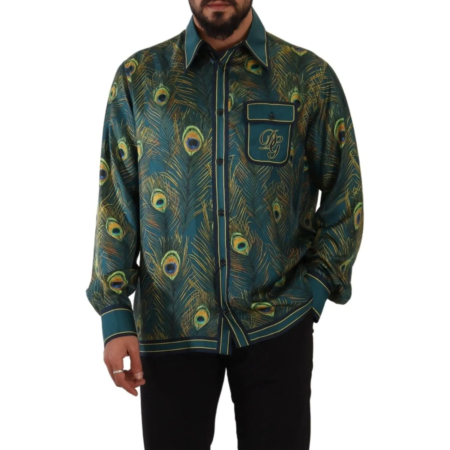 Dolce & Gabbana Peacock Feather Print Silk Shirt