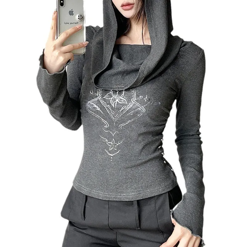 Fashionkova grunge outfits Waste Soil Feeling Various Ways to Wear off-Shoulder Long Sleeve Hooded Knitted Top American Street Stitching Slim Fit Slimming T-shirt