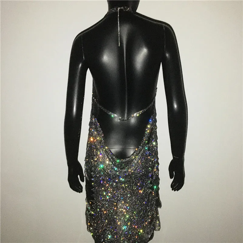 Gold Silver Rhinestone Tassel Chain Dress Women Hip High Split Luxury Party Halter Beach Nightclub Dress