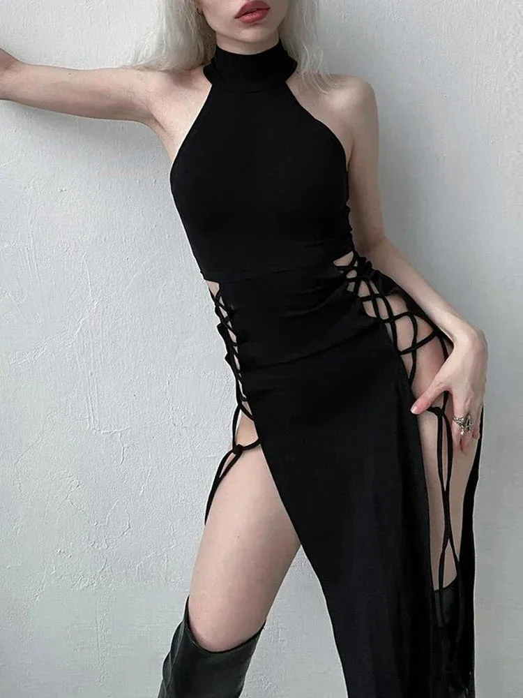 Gothic Halter Slim Y2K Grunge High Partywear Split Bandage Dark Sexy Frock
