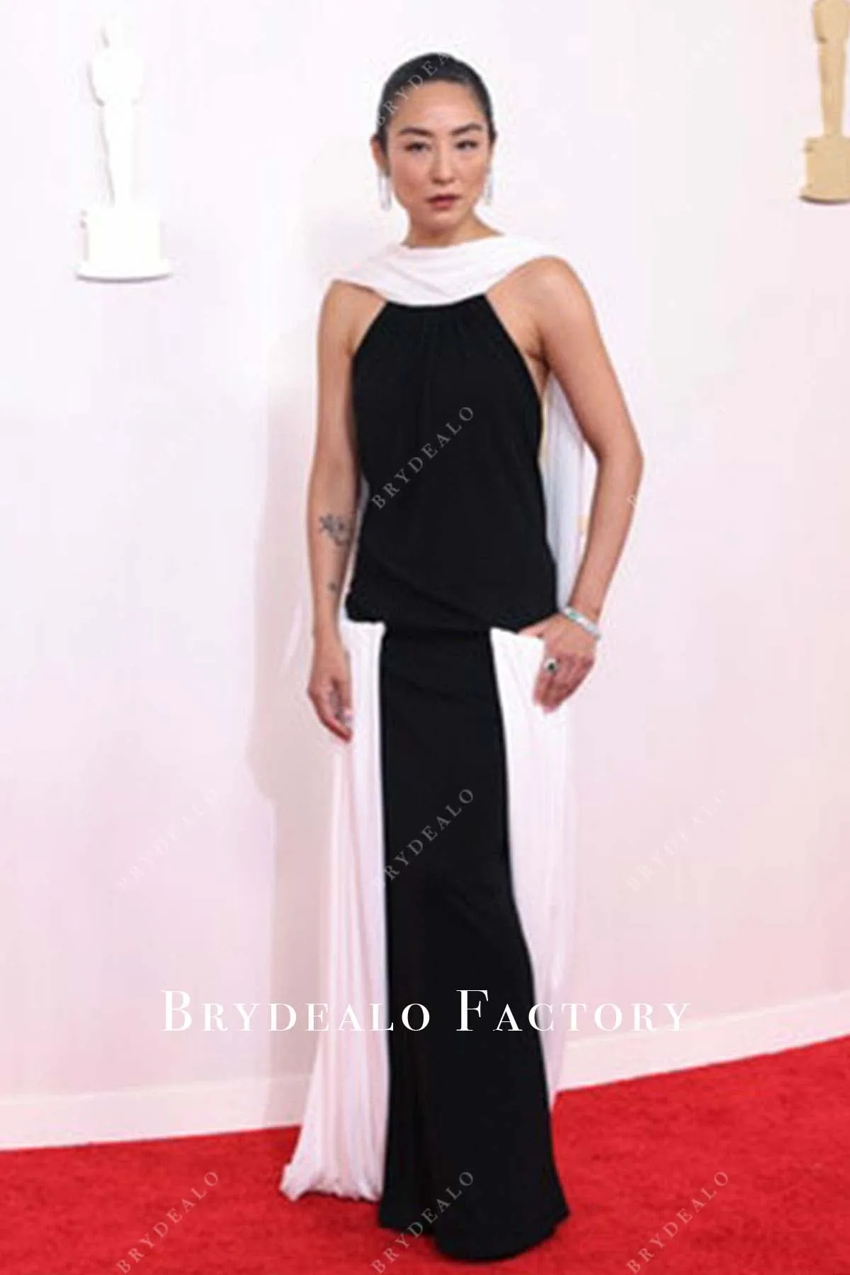 Greta Lee 2024 Oscars Black White Red Carpet Dress