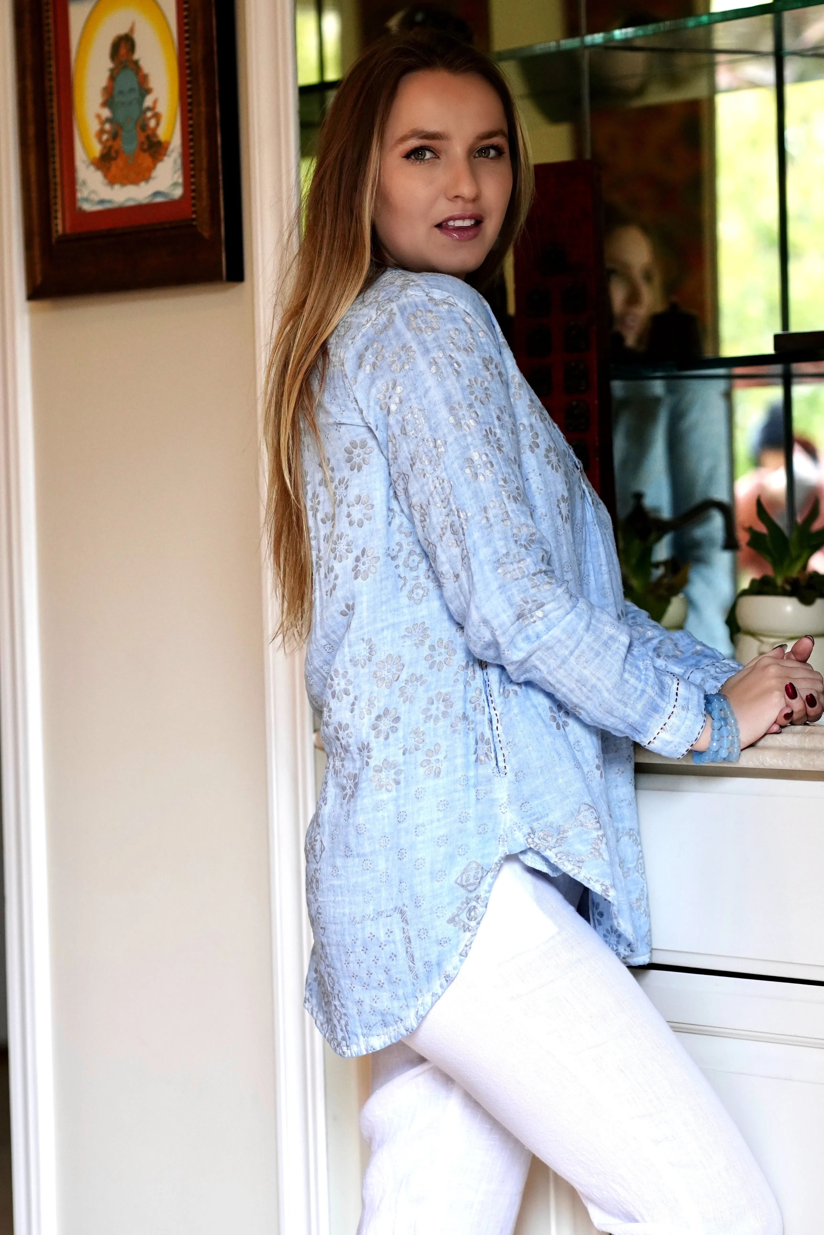 Jemima Double Gauze Block Printed Top Blue-Silver