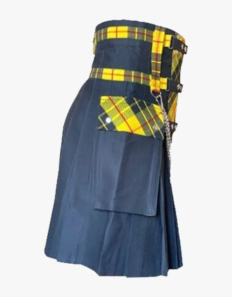 KILT IN BLACK DESIGN WITH TARTAN FRONT APRON