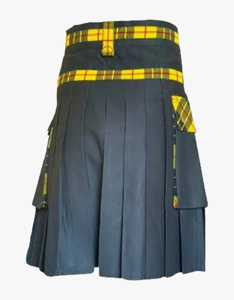 KILT IN BLACK DESIGN WITH TARTAN FRONT APRON