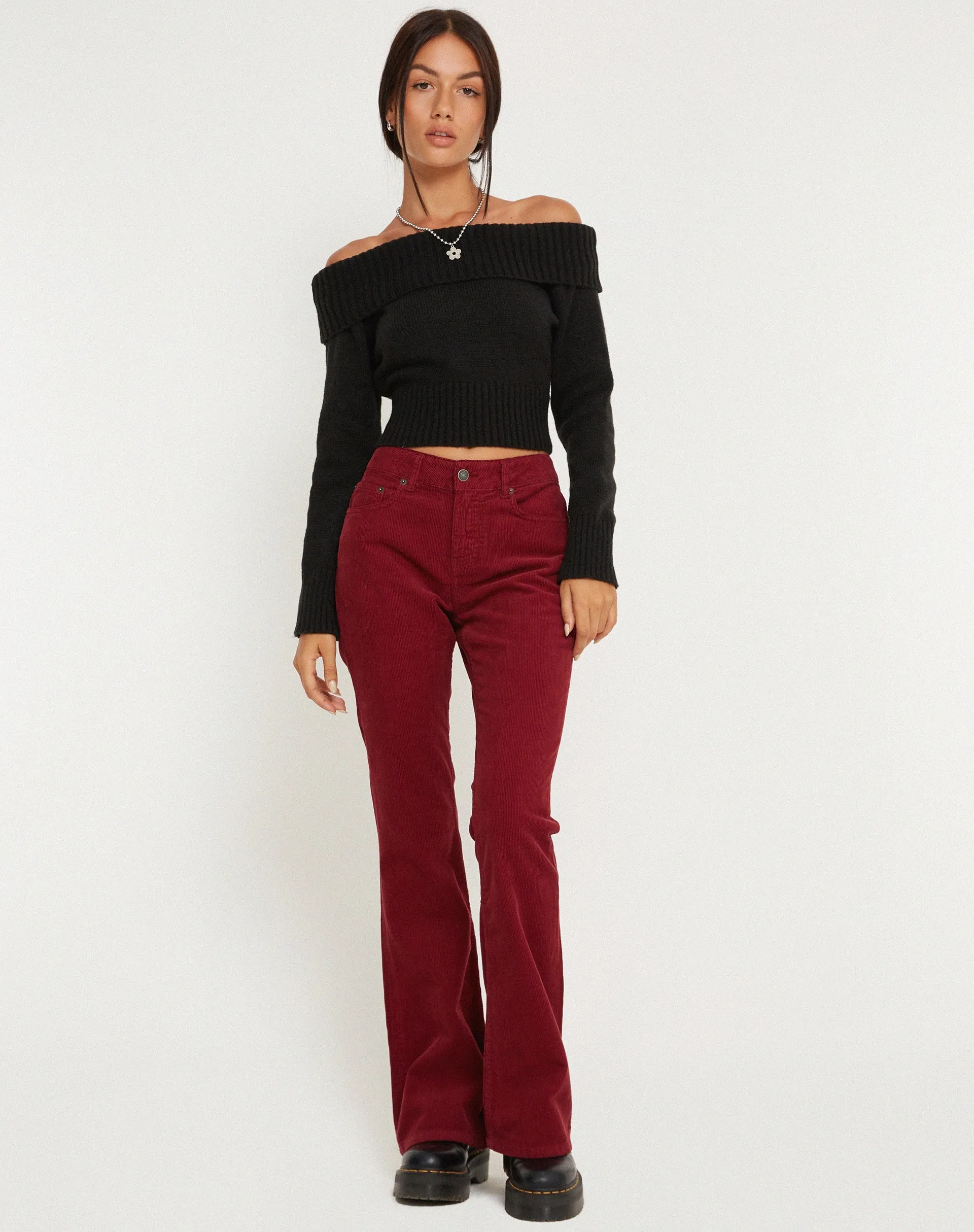 Low Rise Bootleg Jeans in Cord Maroon