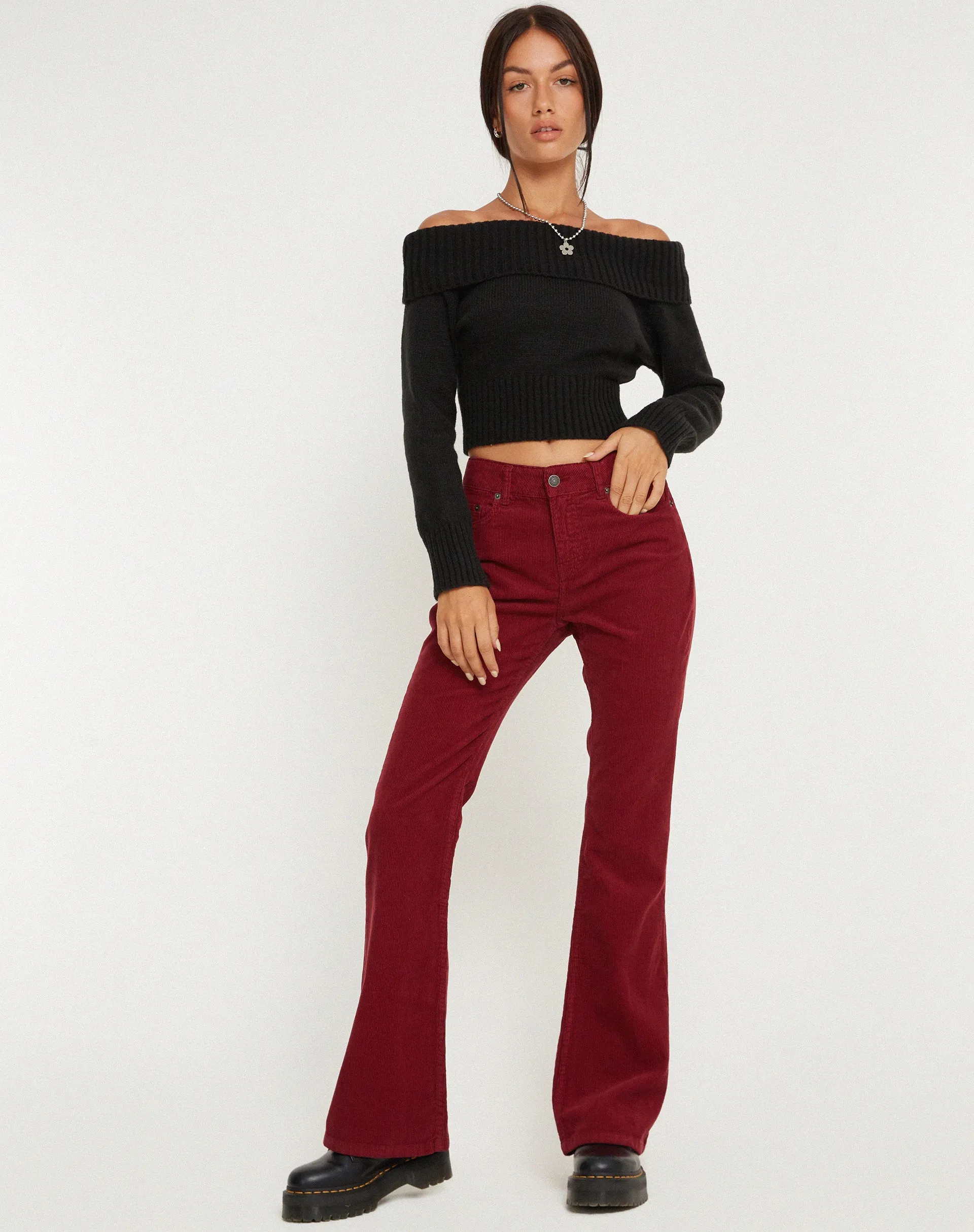 Low Rise Bootleg Jeans in Cord Maroon
