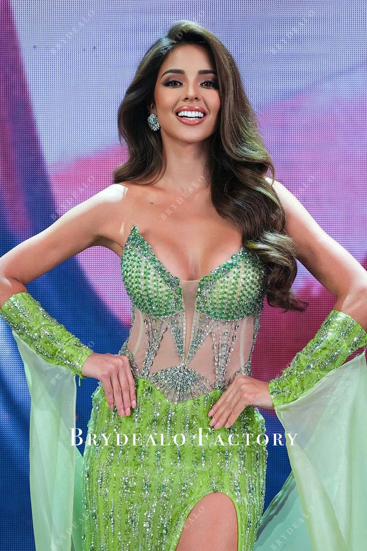 Luciana Fuster Miss Grand Thailand 2024 Green Shimmer Slit Dress