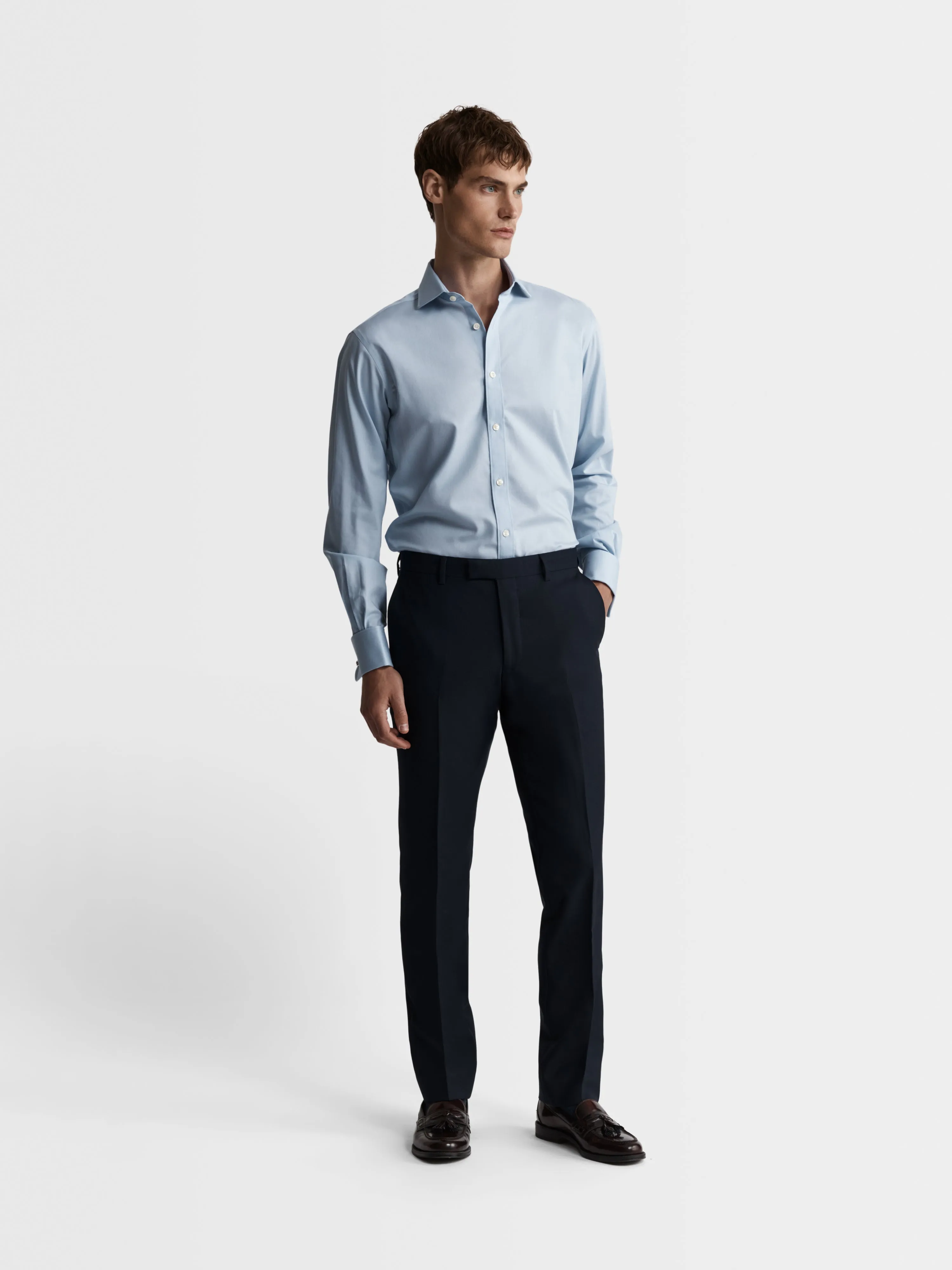 Max Performance Light Blue Twill Regular Fit Double Cuff Classic Collar Shirt