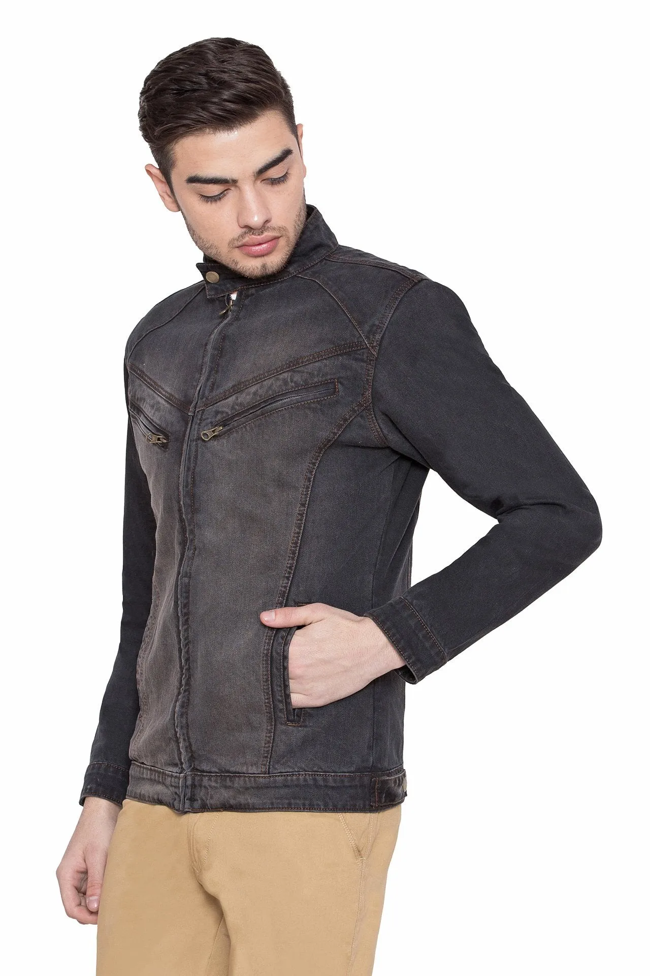 Men's Denim grey Full Sleeve Jacket with Zip Closure