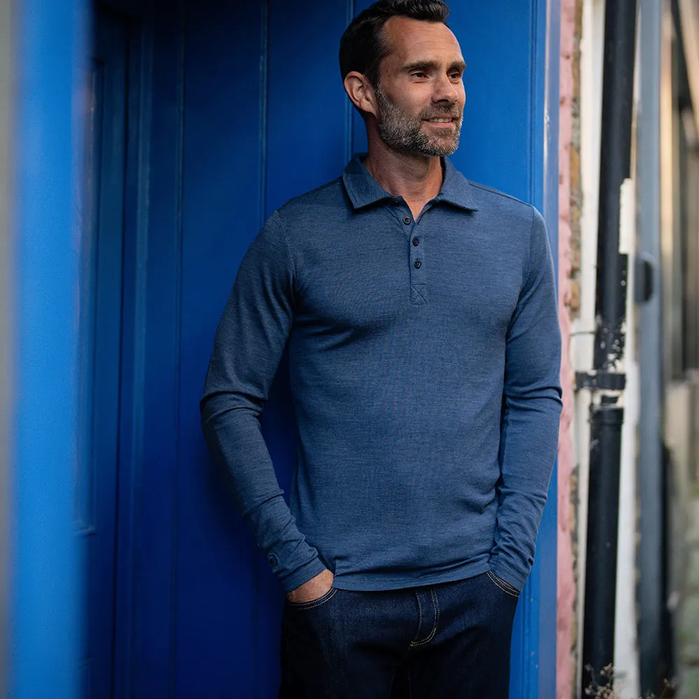 Mens Merino 200 Long Sleeve Polo Shirt (Denim/Navy)
