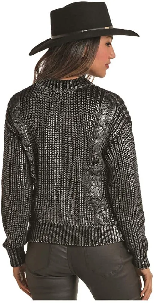 Metallic Cable Knit Sweater, Silver