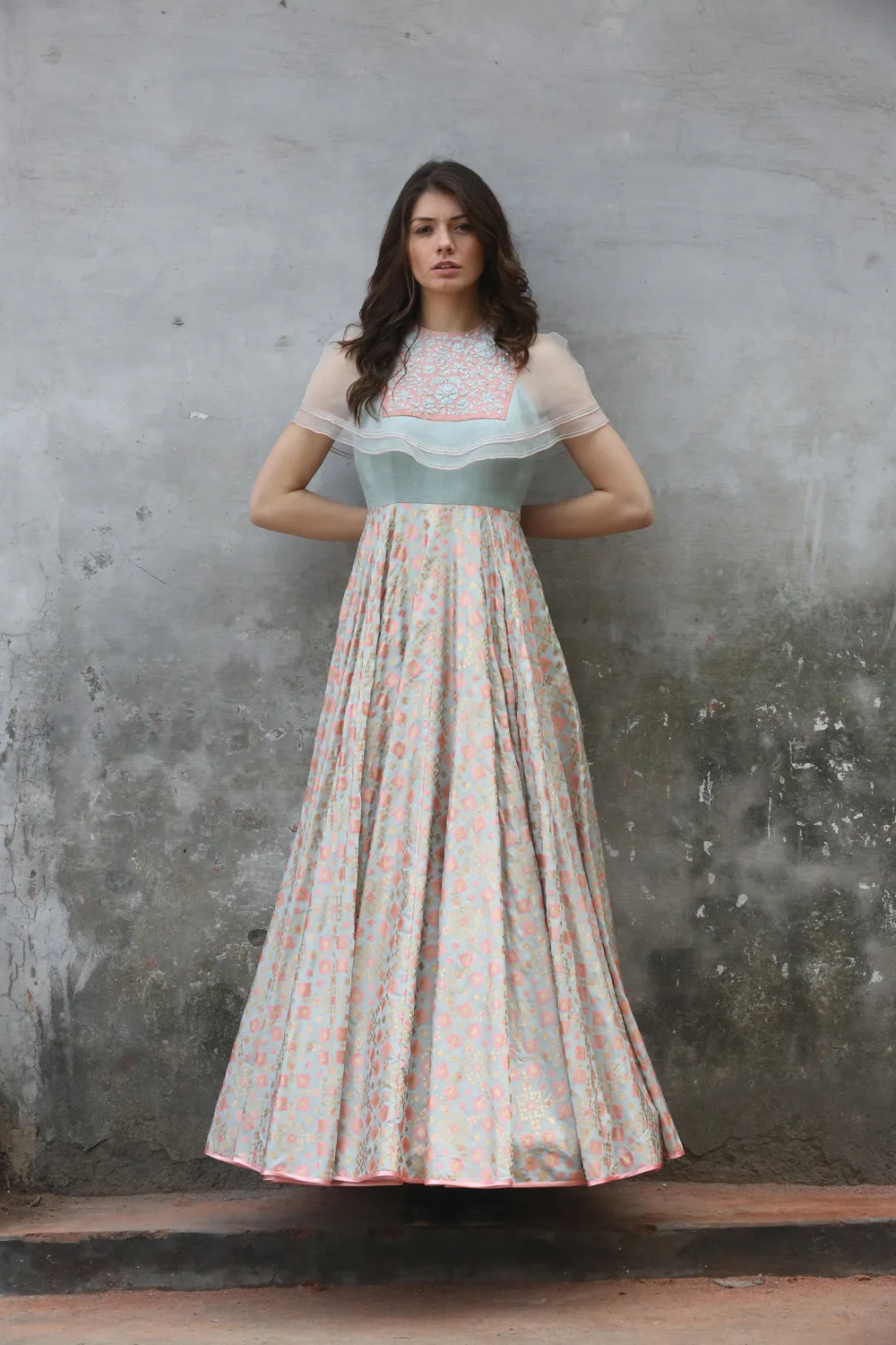 Mint Cape Style Ikat Printed Gown