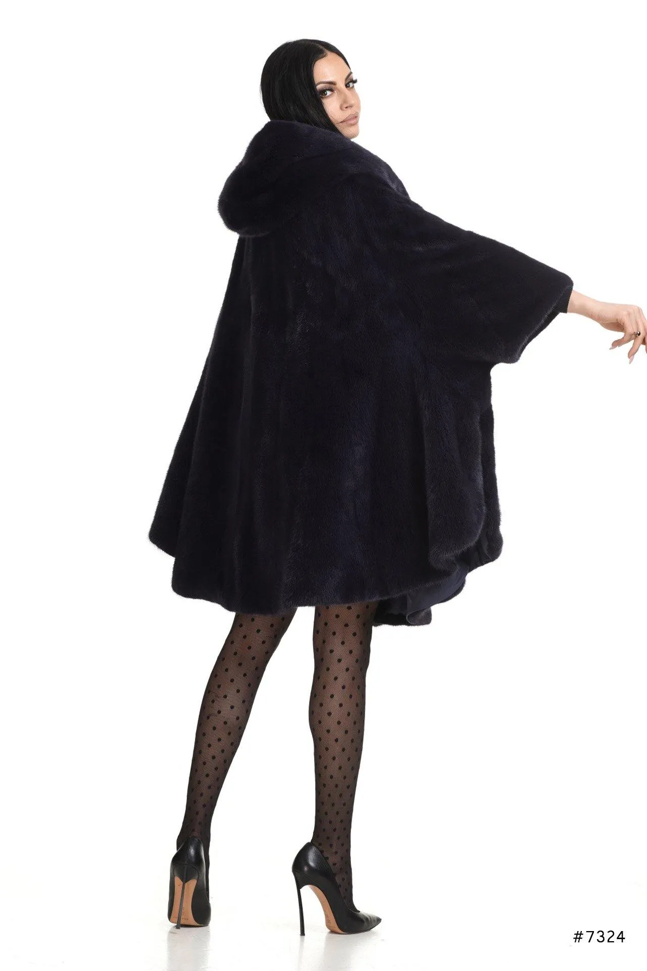 Oversize hooded mink fur cape jacket
