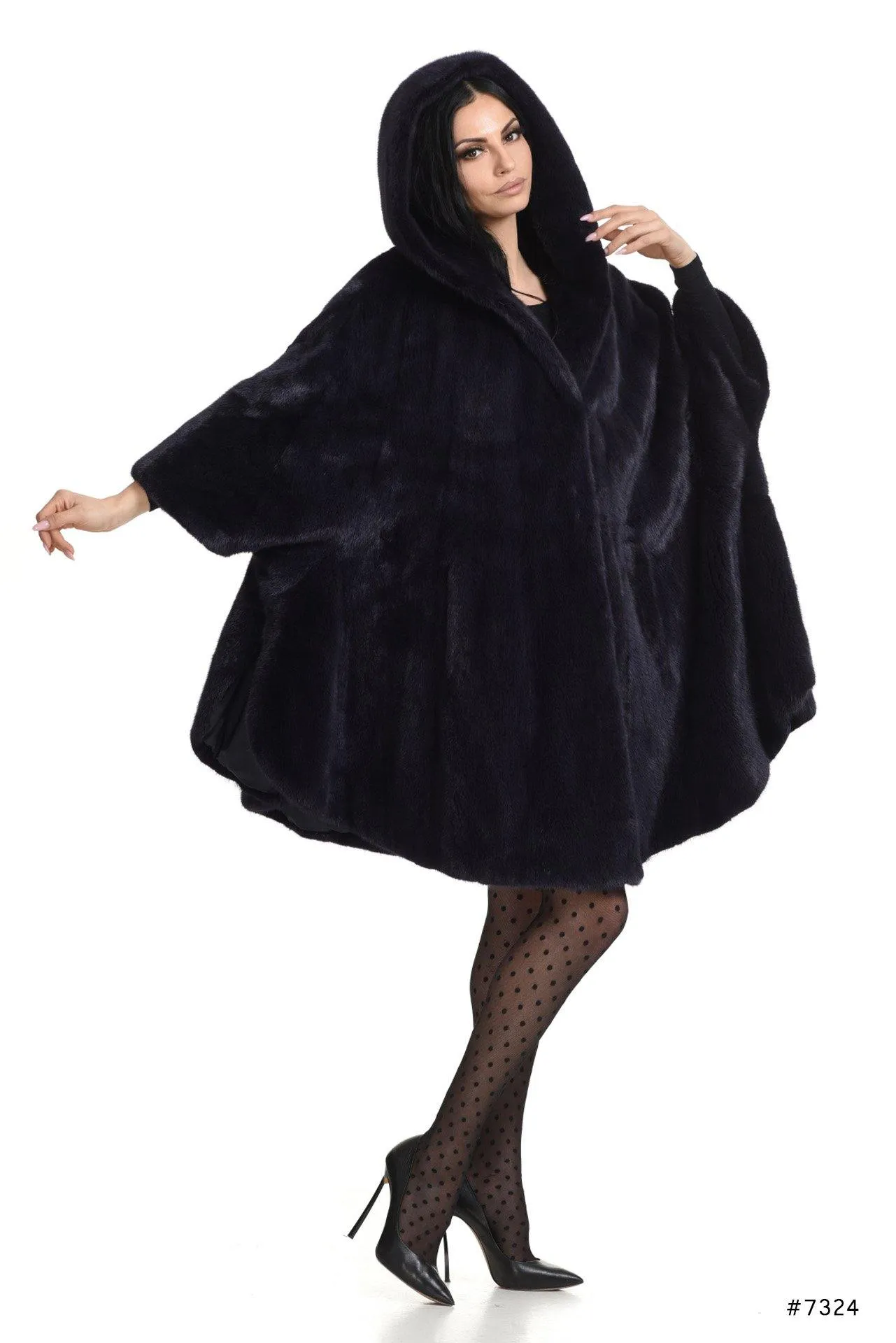 Oversize hooded mink fur cape jacket