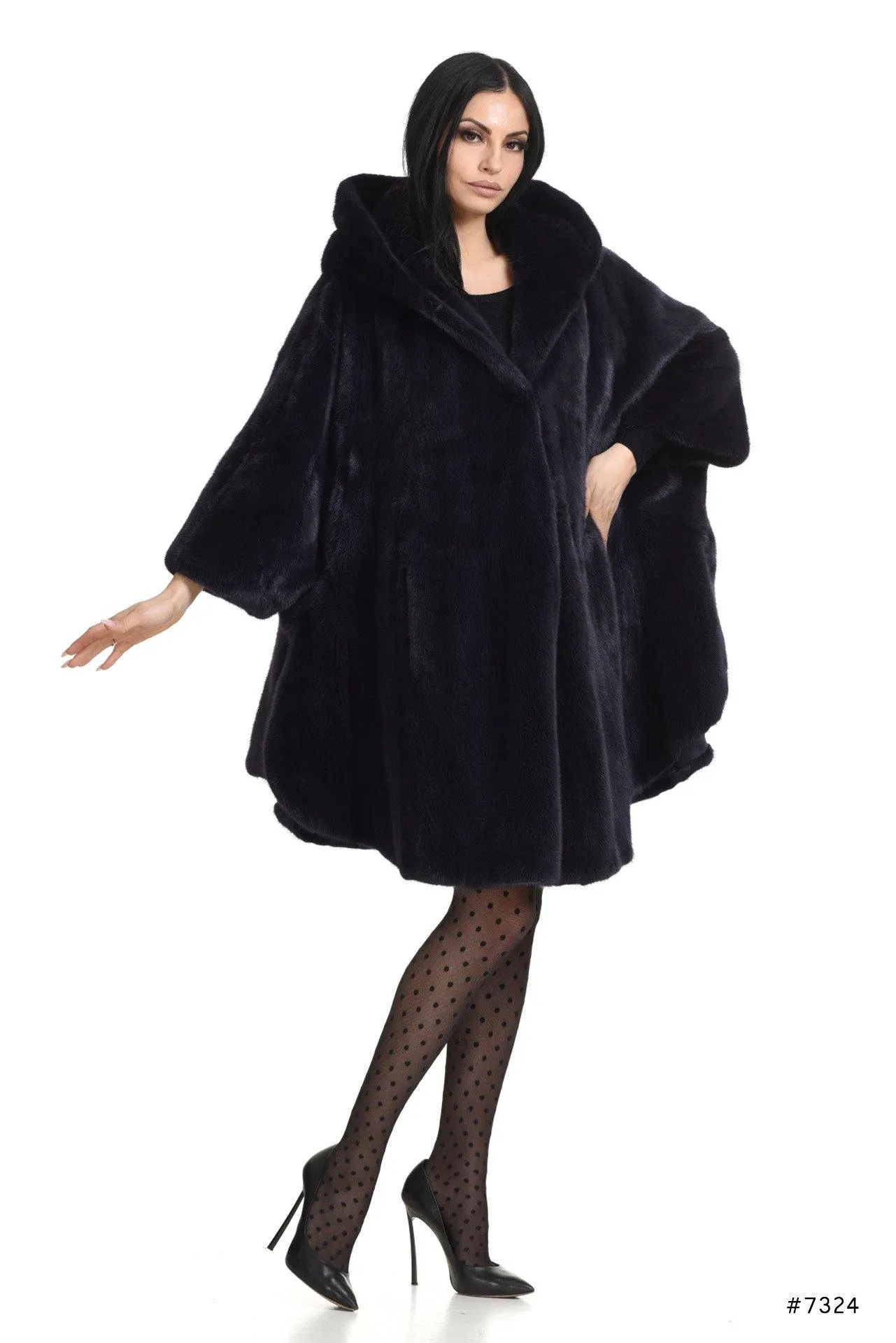 Oversize hooded mink fur cape jacket