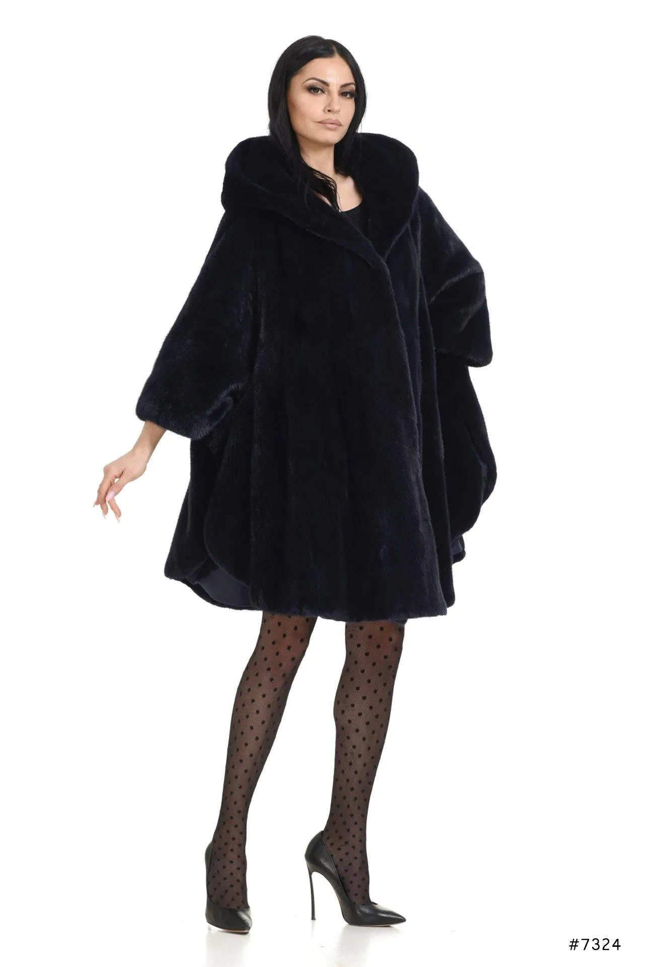 Oversize hooded mink fur cape jacket
