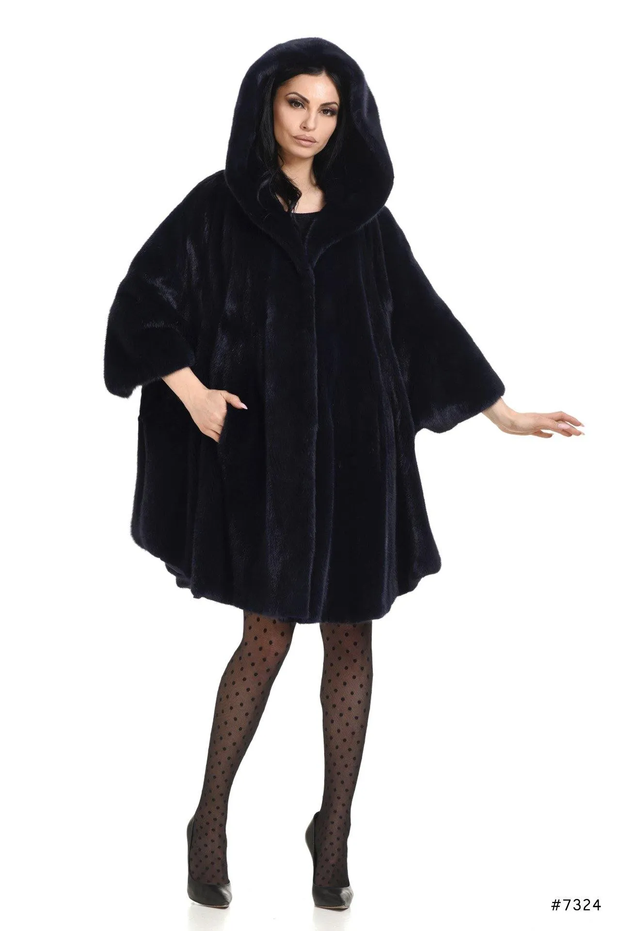 Oversize hooded mink fur cape jacket