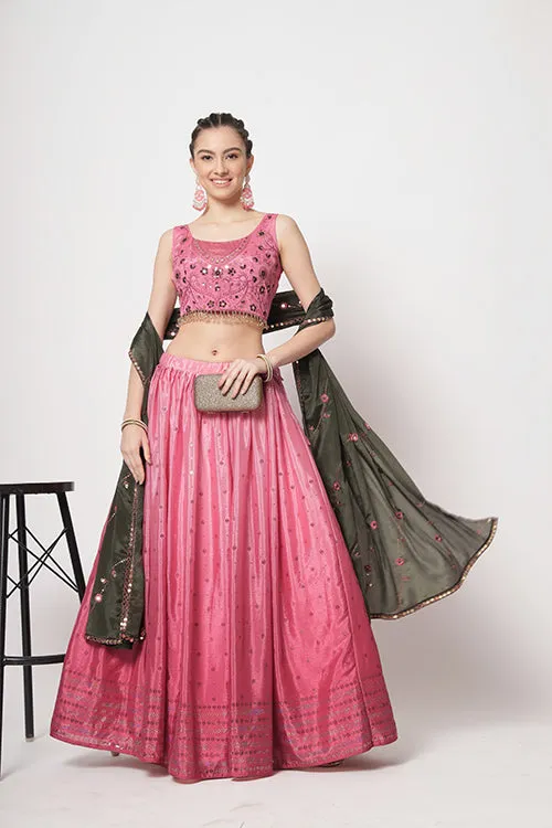 Pink Chinon Silk Embellished Mukaish Work Lehenga Choli