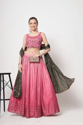Pink Chinon Silk Embellished Mukaish Work Lehenga Choli