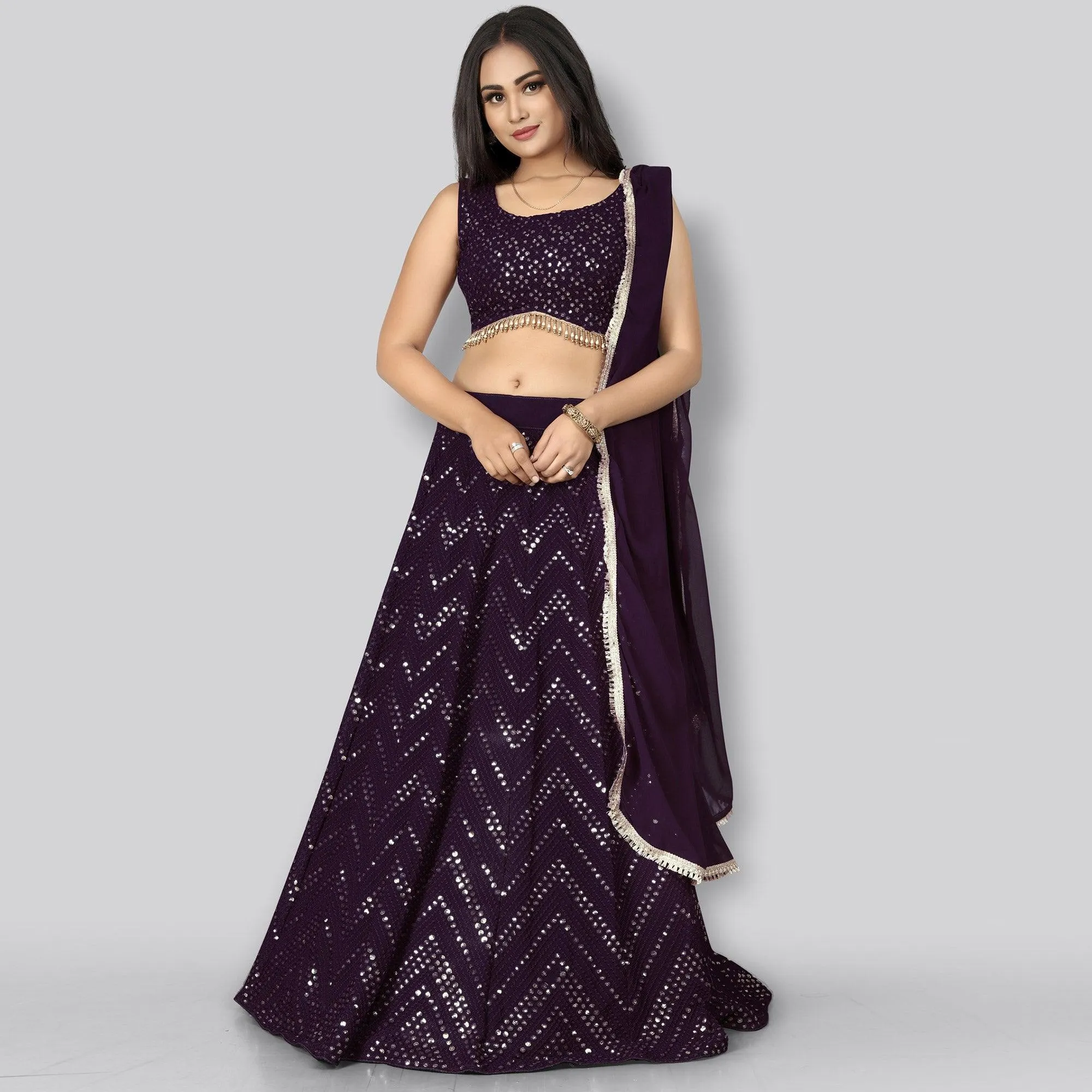 Plum Party Wear Sequins Embroidered Georgette Lehenga Choli