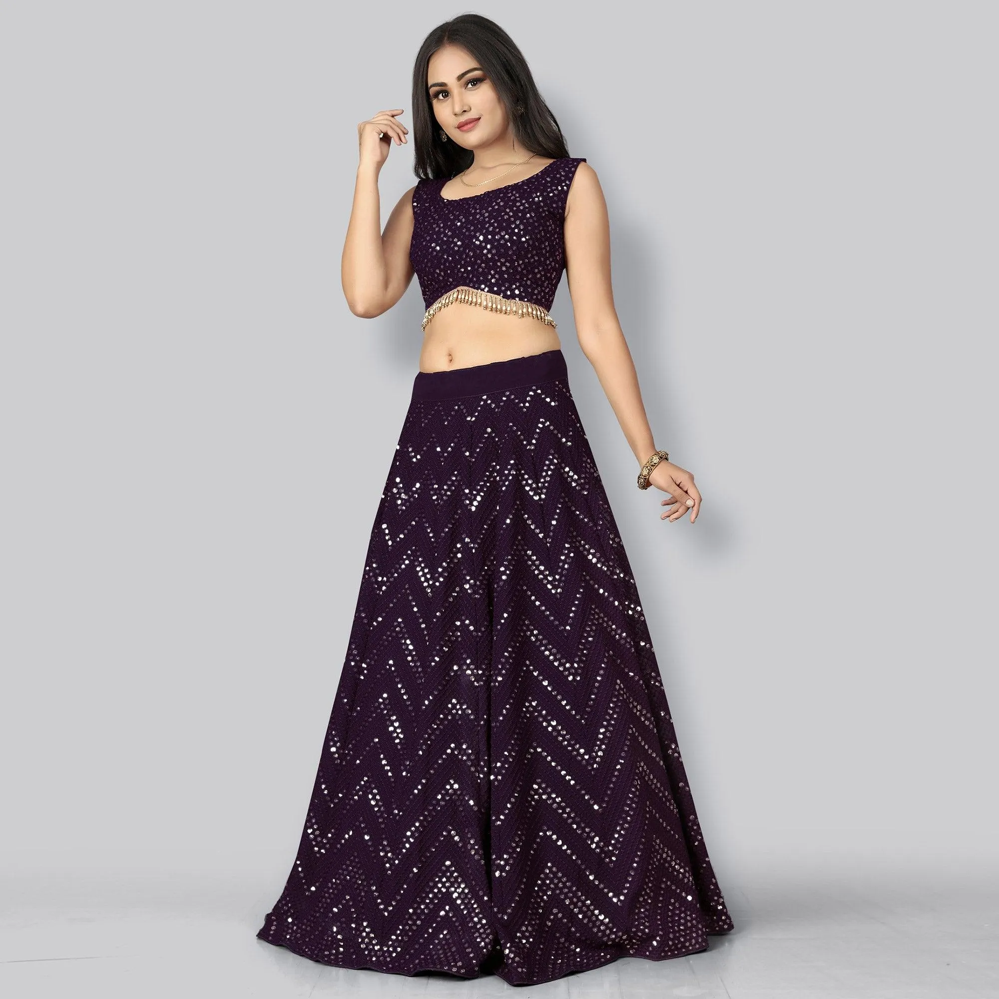 Plum Party Wear Sequins Embroidered Georgette Lehenga Choli