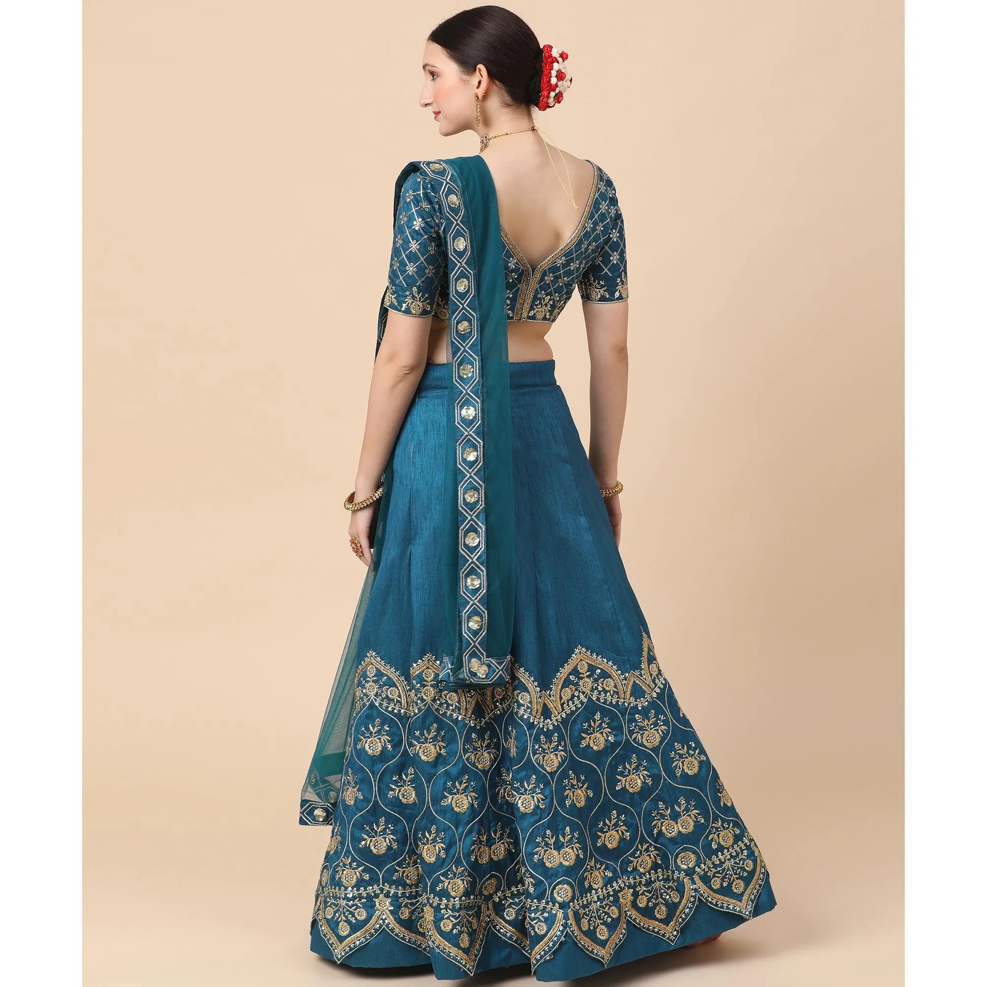 Rama Blue Party Wear Sequins Embroidered Satin Lehenga Choli