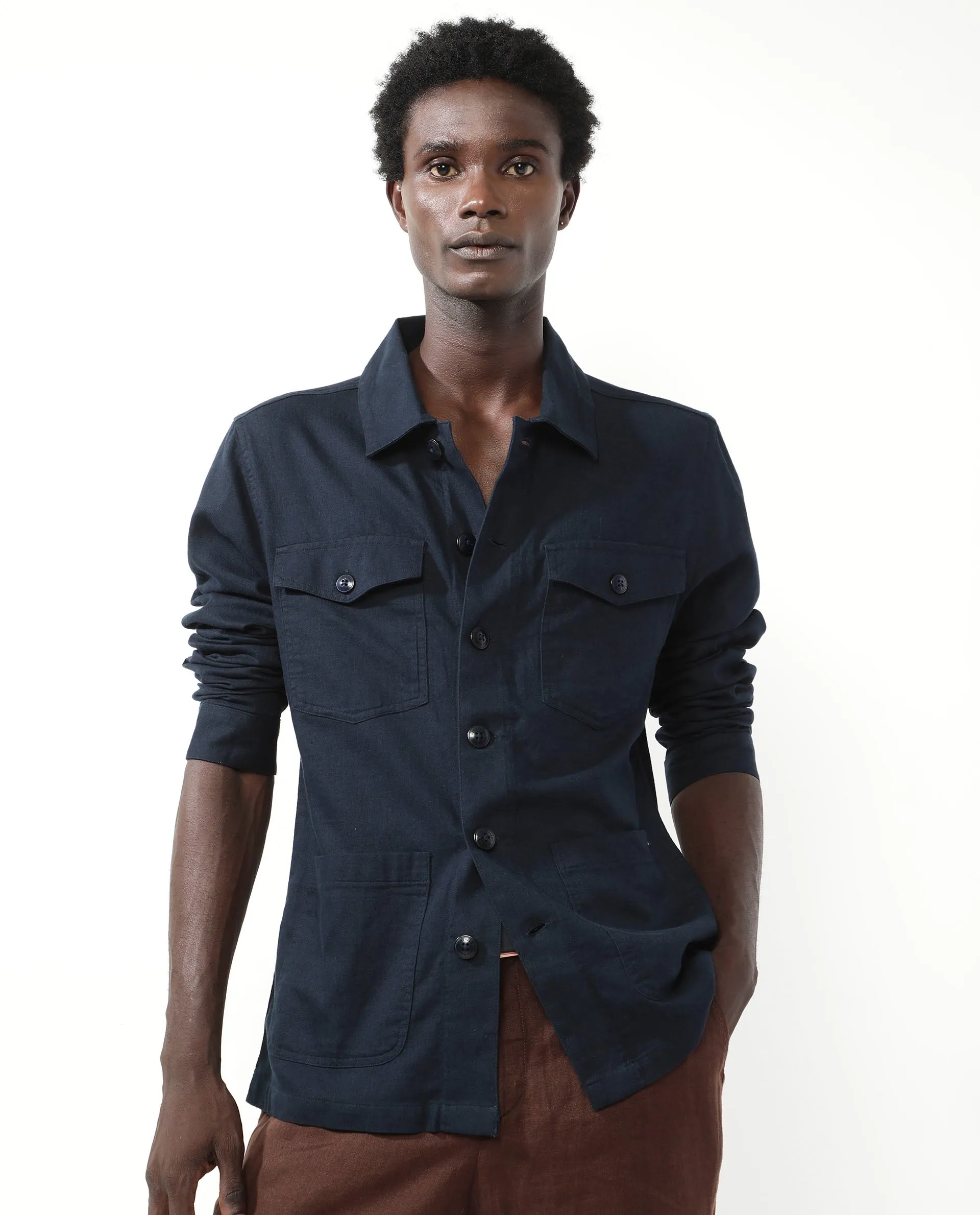 Rare Rabbit Mens Gatter Navy Cotton Linen Fabric Full Sleeve Collared Neck Solid Jacket