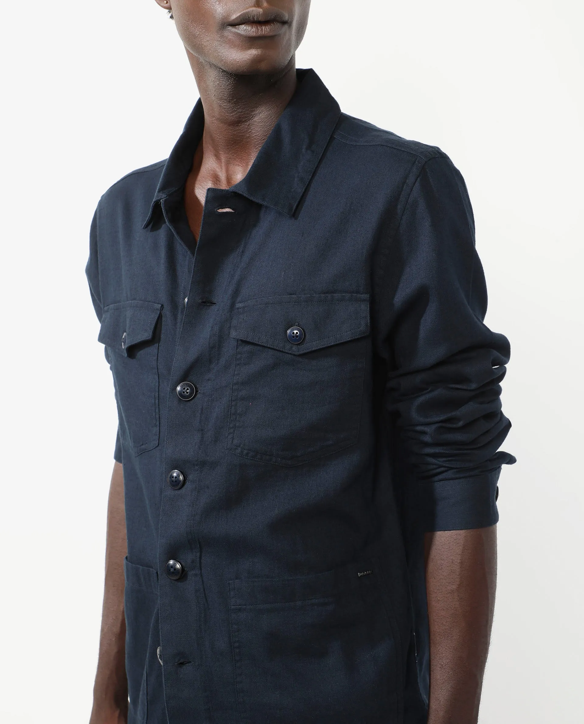 Rare Rabbit Mens Gatter Navy Cotton Linen Fabric Full Sleeve Collared Neck Solid Jacket