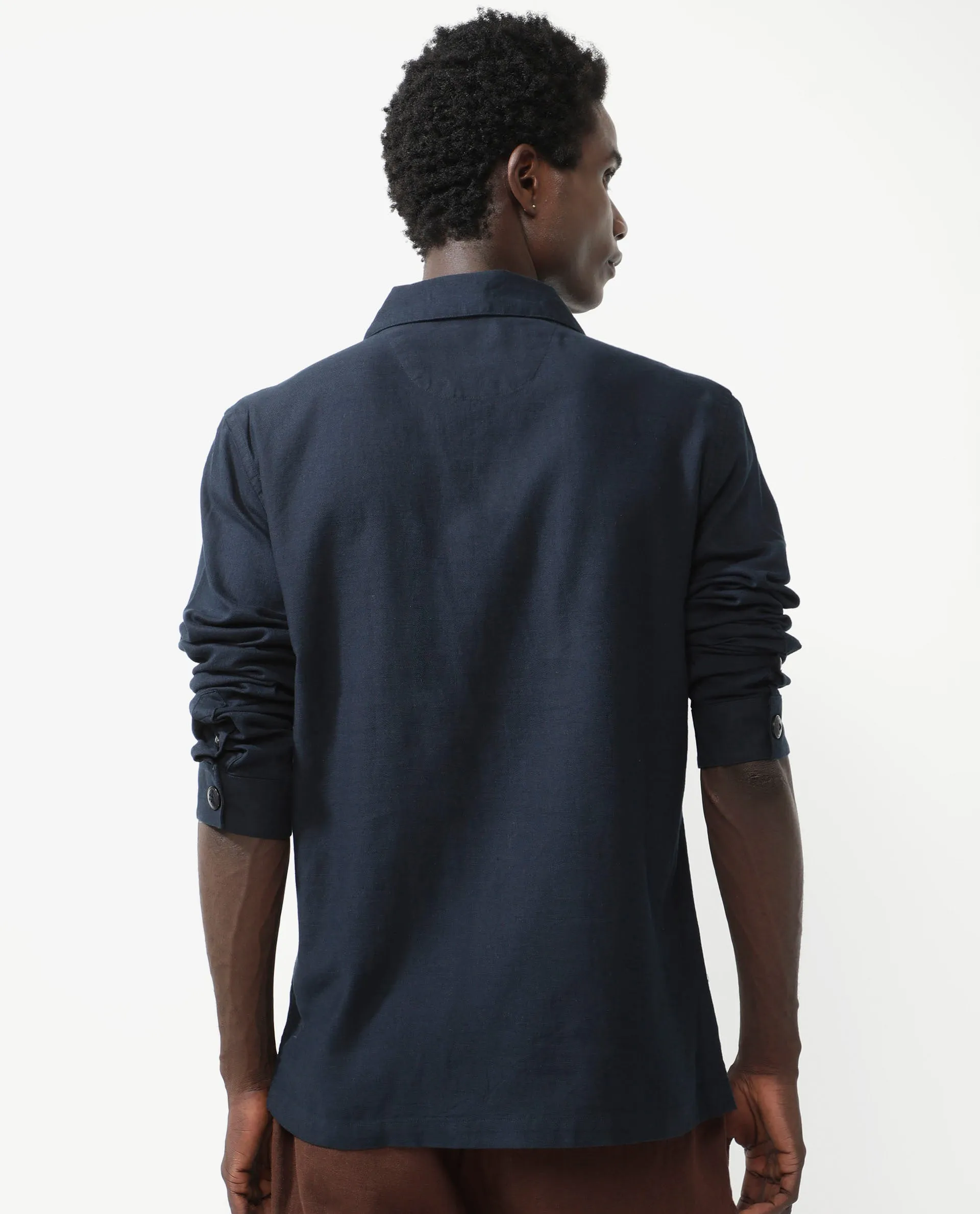 Rare Rabbit Mens Gatter Navy Cotton Linen Fabric Full Sleeve Collared Neck Solid Jacket