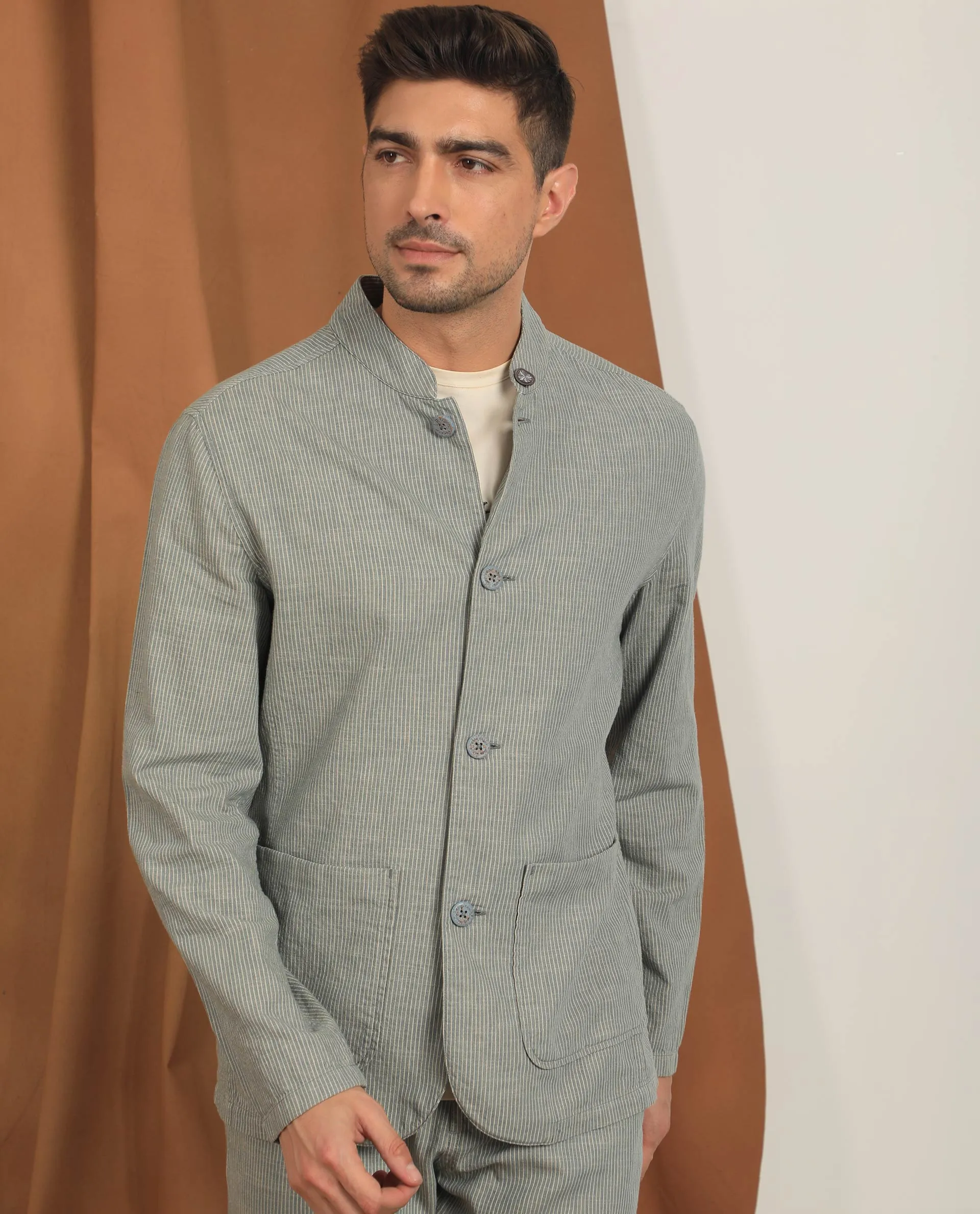 Rare Rabbit Men's Trex Green Linen Blend Mandarin Collar Striped Jacket
