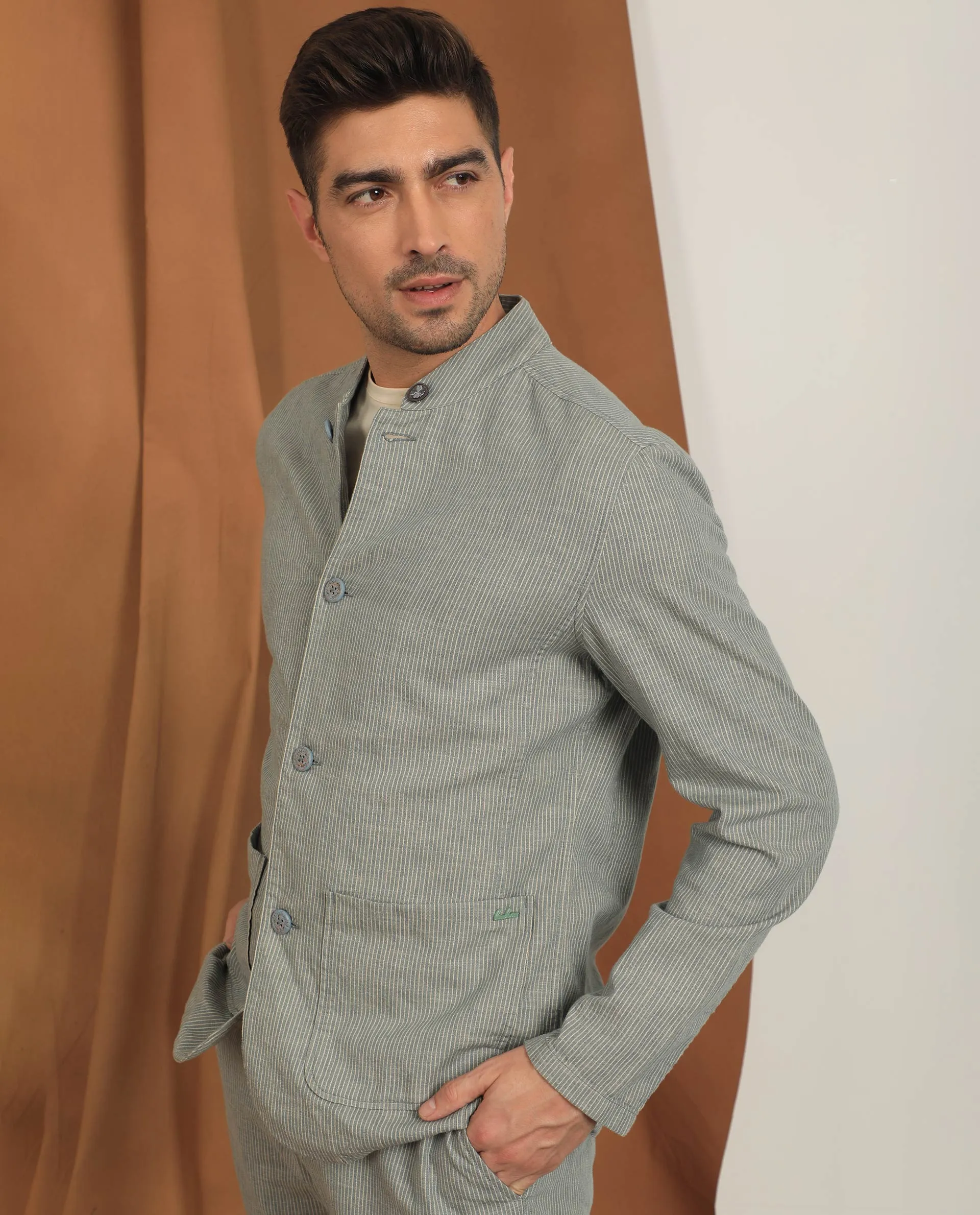 Rare Rabbit Men's Trex Green Linen Blend Mandarin Collar Striped Jacket