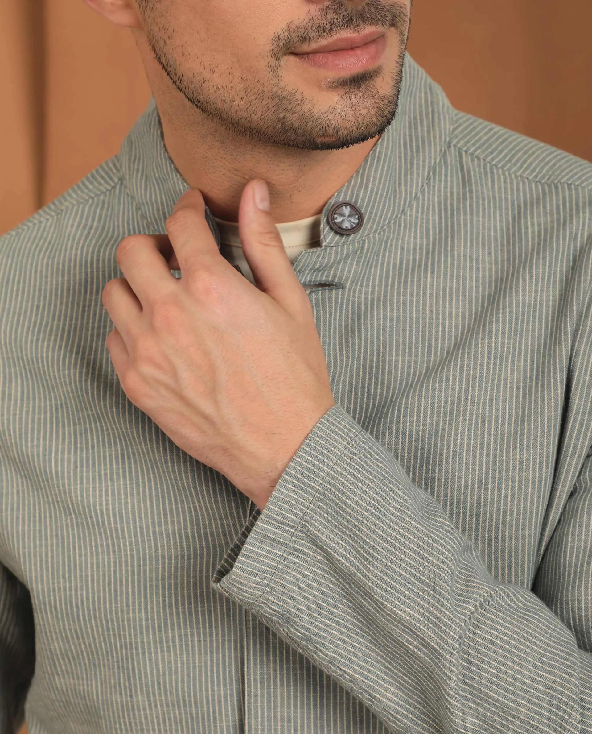 Rare Rabbit Men's Trex Green Linen Blend Mandarin Collar Striped Jacket