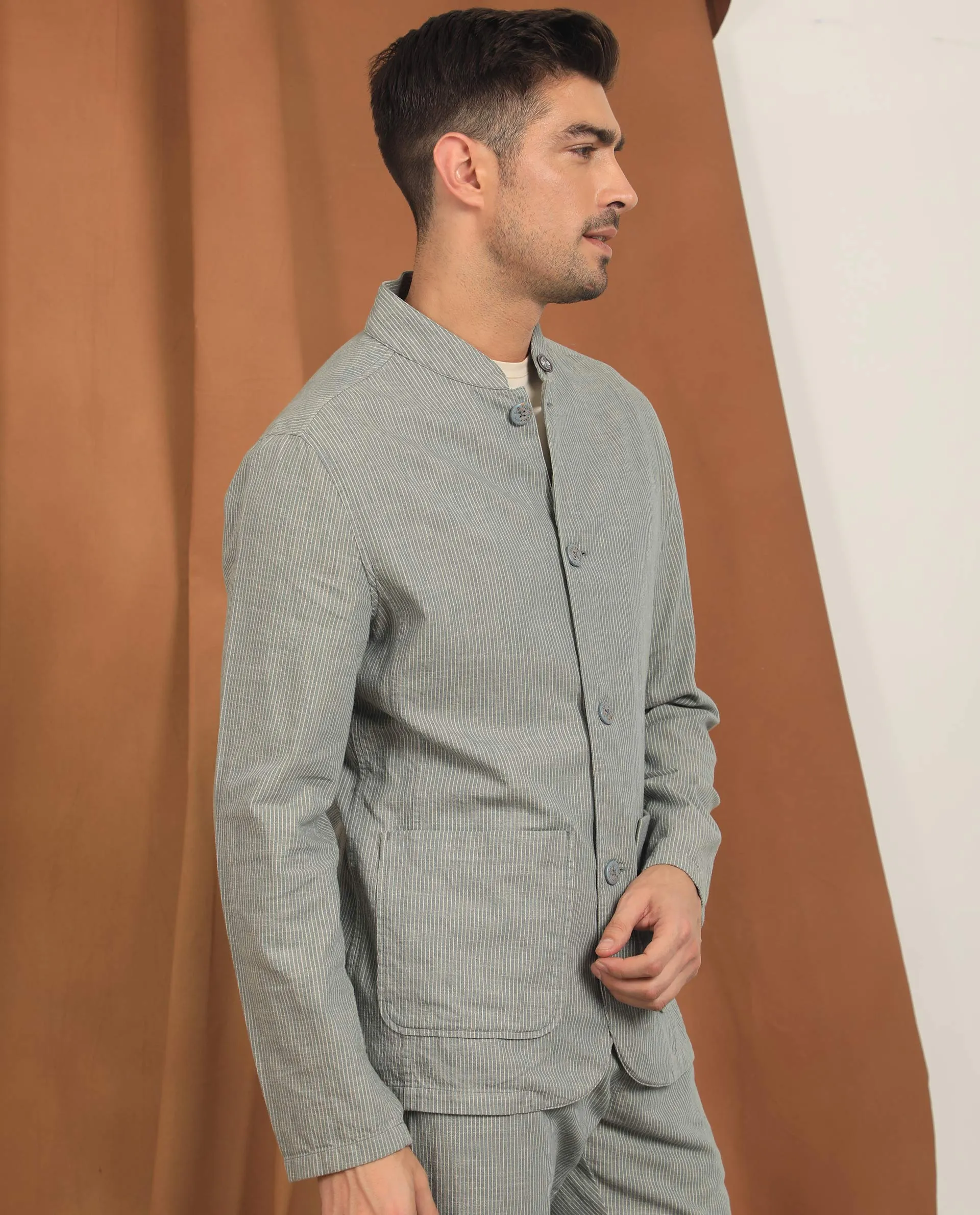 Rare Rabbit Men's Trex Green Linen Blend Mandarin Collar Striped Jacket