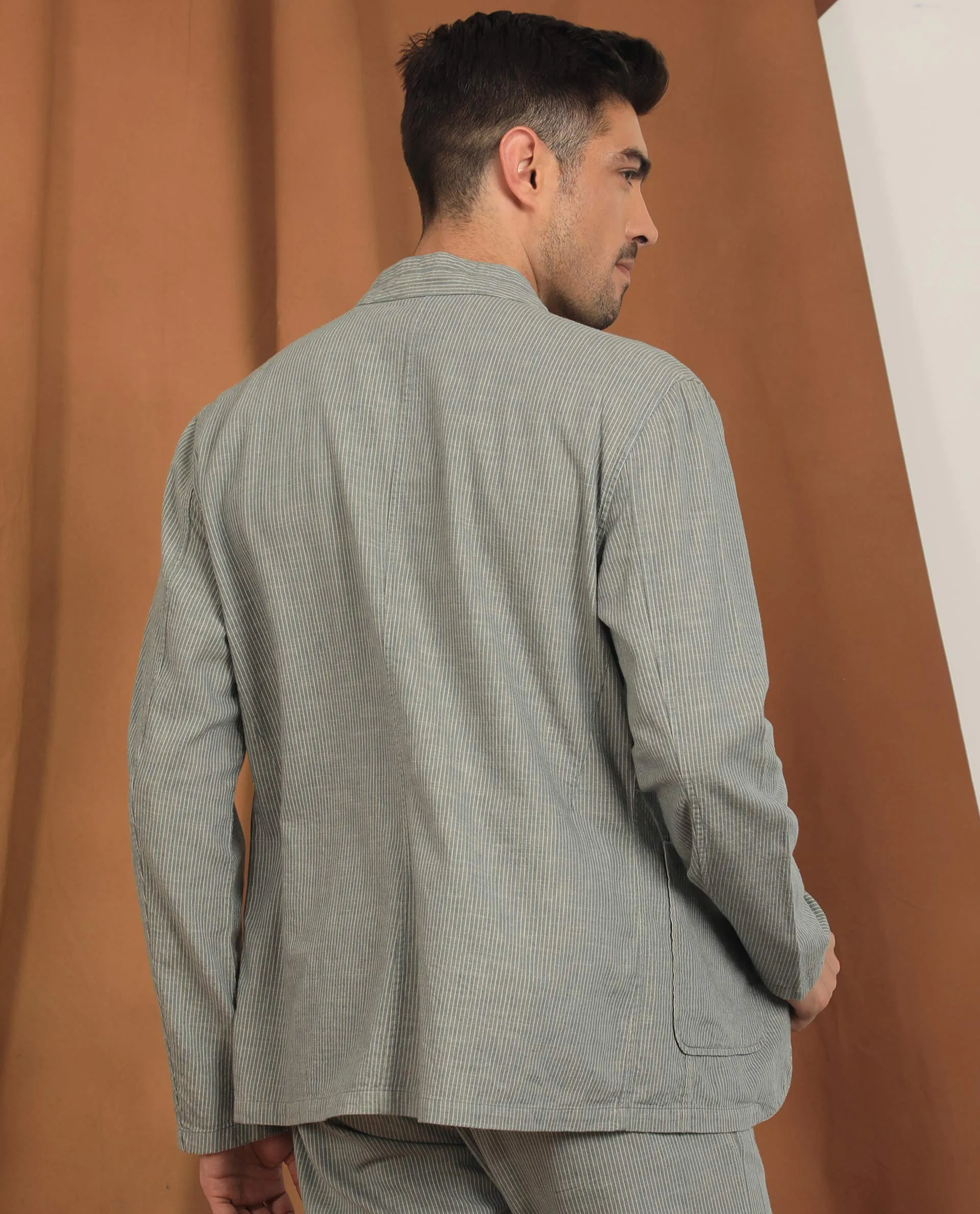 Rare Rabbit Men's Trex Green Linen Blend Mandarin Collar Striped Jacket