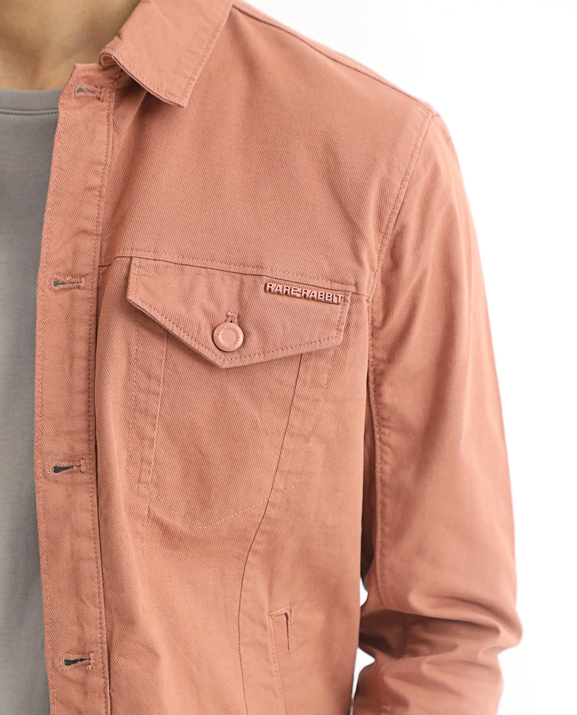 Rare Rabbit Men's Vintage Dusky Red Plain Denim Trucker Jacket