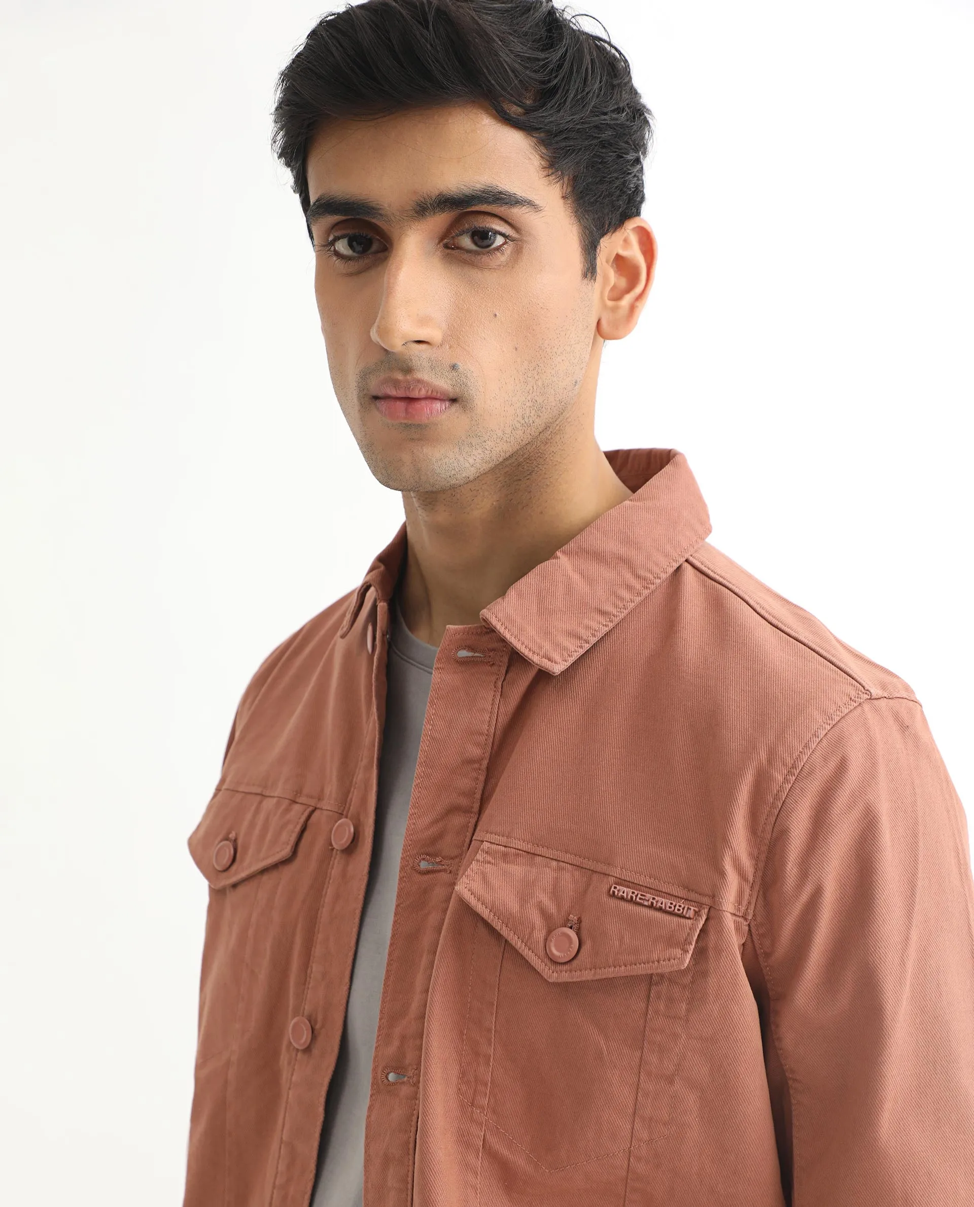 Rare Rabbit Men's Vintage Dusky Red Plain Denim Trucker Jacket