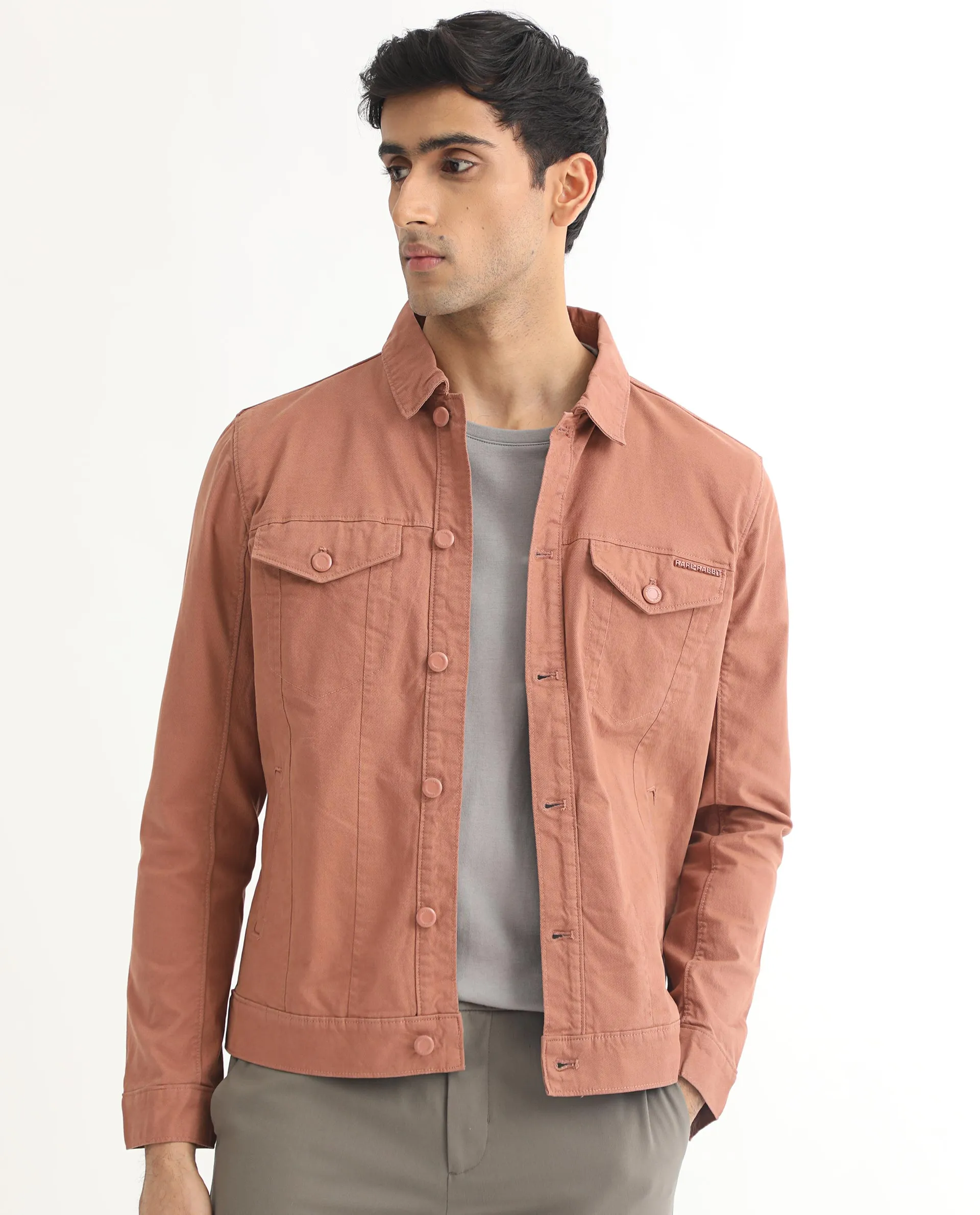 Rare Rabbit Men's Vintage Dusky Red Plain Denim Trucker Jacket