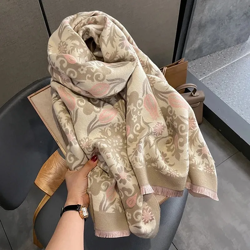 Retro Elegance Flower Print Winter Fashion Travel Scarves