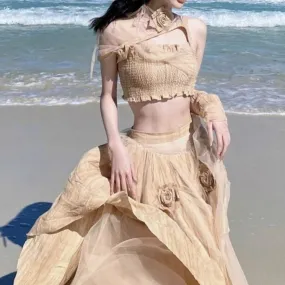 Sand Palaces and Roses          Crop Top and Skirt  Dress Set Kawaii Academia Y2K Cottagecore Coquette Fairycore Dollette Princesscore Bottoms