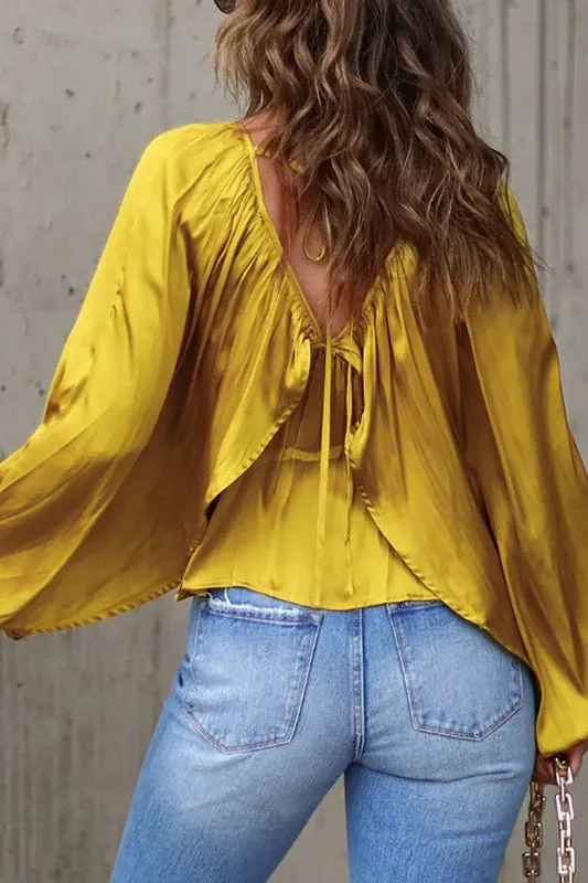 Satin Cape Blouse with Back Tie in Honey