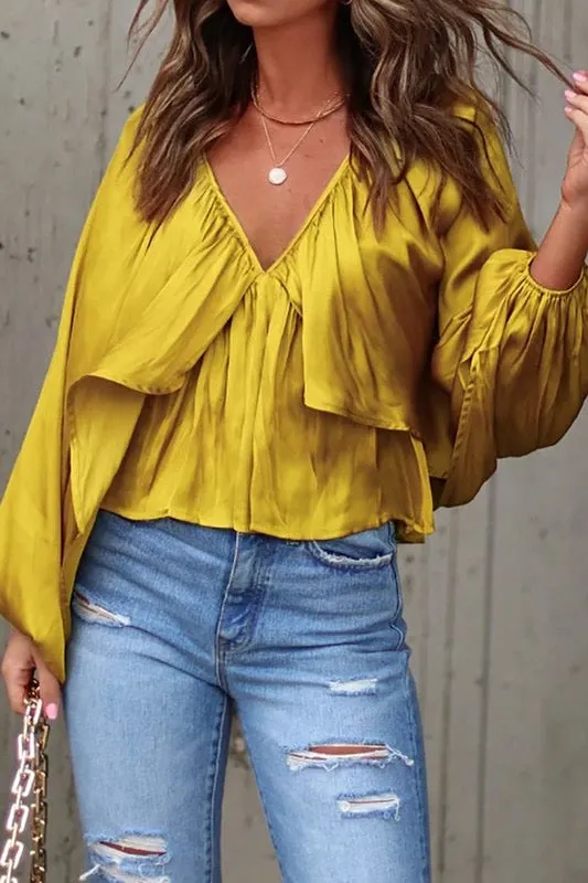 Satin Cape Blouse with Back Tie in Honey