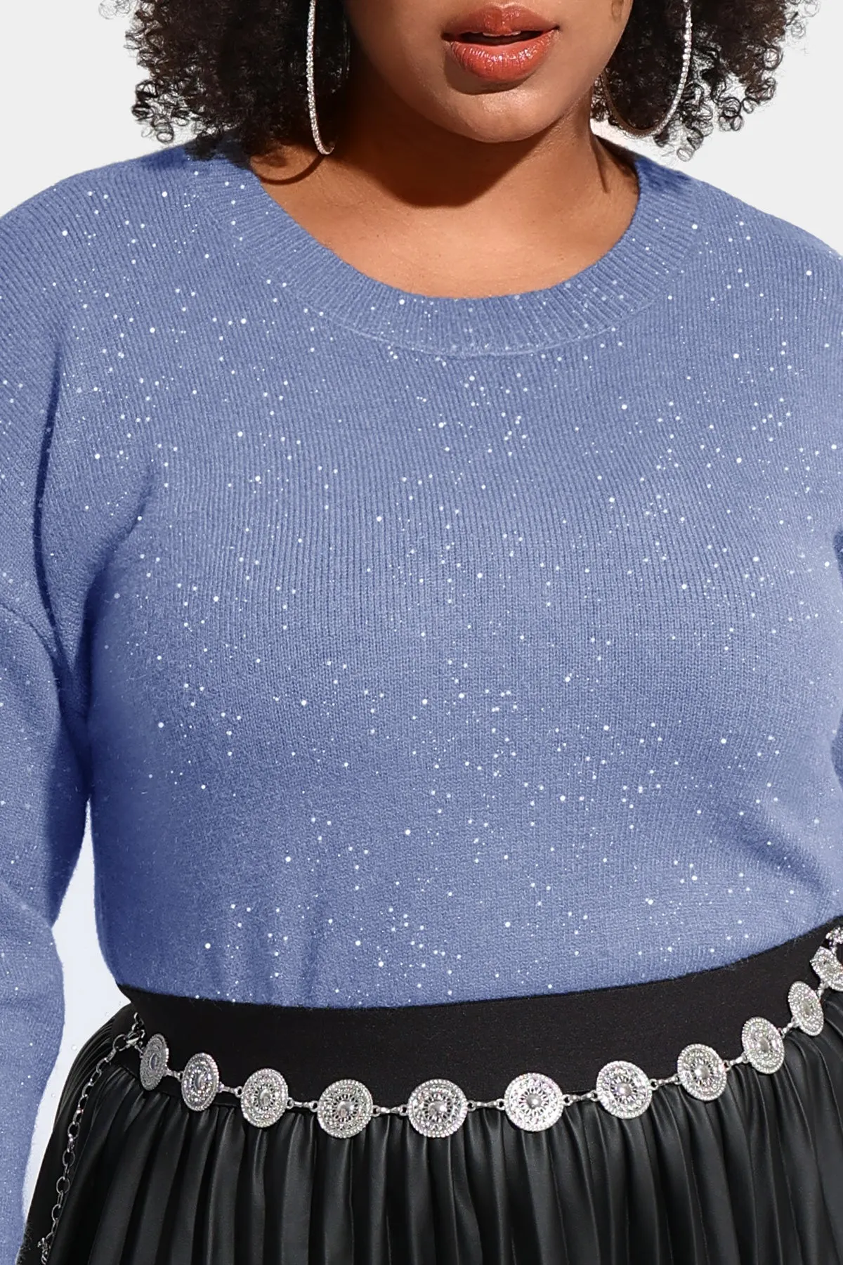 Solid Sequin Detail Long Sleeve Pullover Sweater