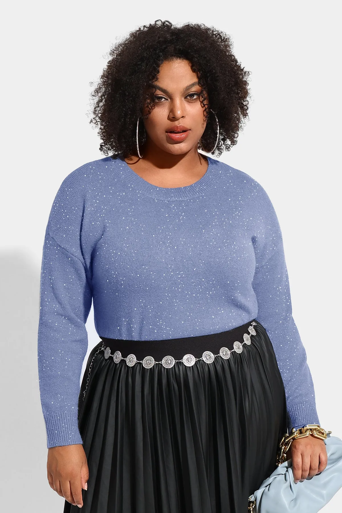 Solid Sequin Detail Long Sleeve Pullover Sweater