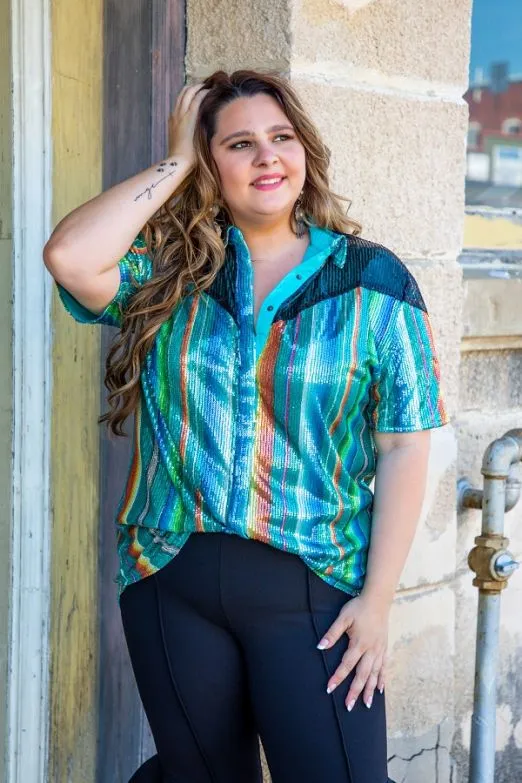 Teal Serape Sequin Plus Size Top