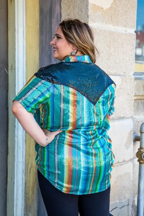 Teal Serape Sequin Plus Size Top