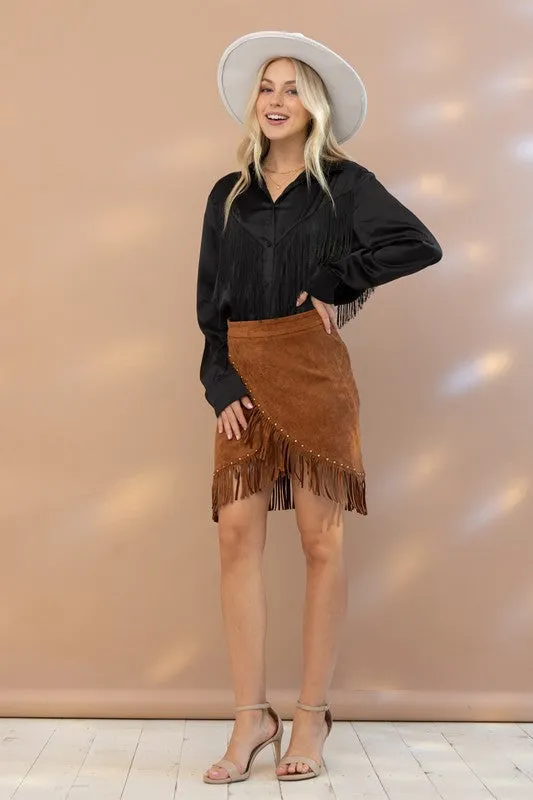 TEEK - Chevron Fringe Satin Blouse