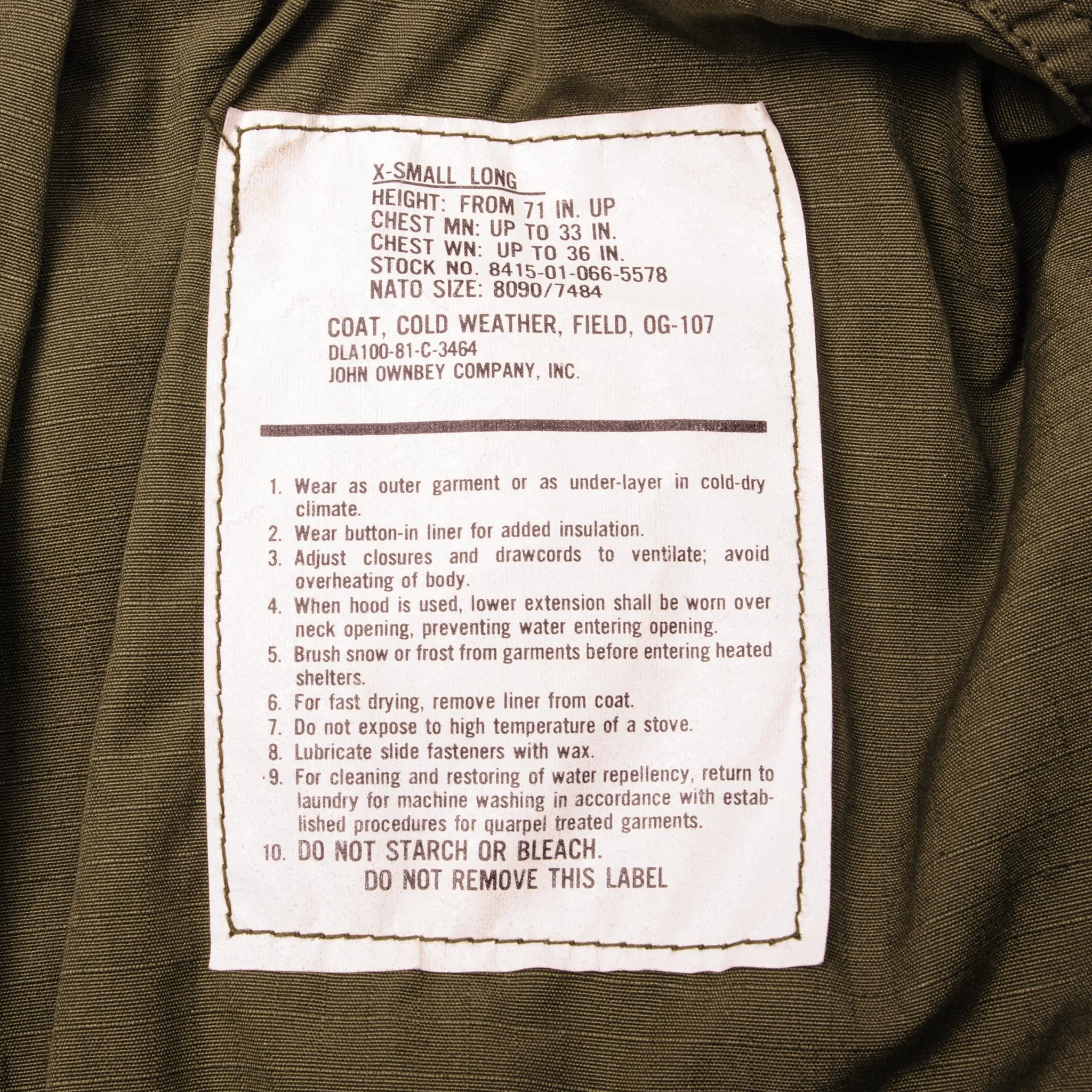 VINTAGE US ARMY M-1965 M65 FIELD JACKET 1981 SIZE XSMALL LONG DEADSTOCK