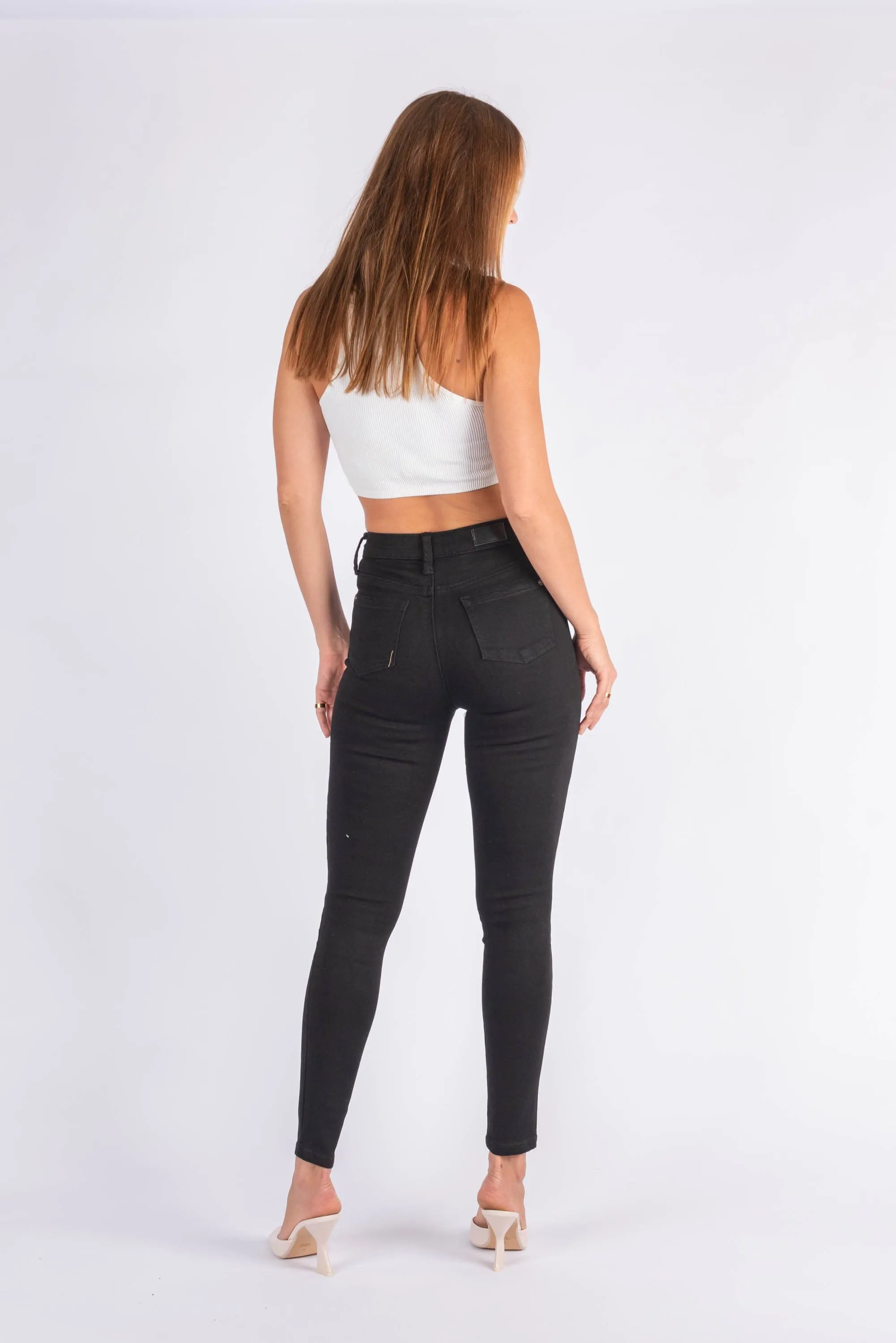 Wakee Denim Stretch Jean Skinny Leg High Waist - Black 10144